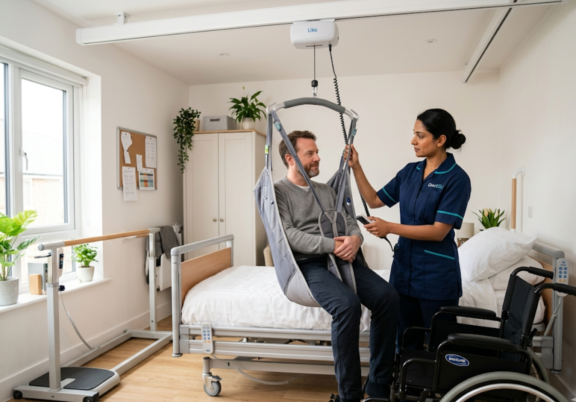Direct2U carer operating a ceiling hoist during a safe transfer for a physical disability client at home — skilled mobility support in North London